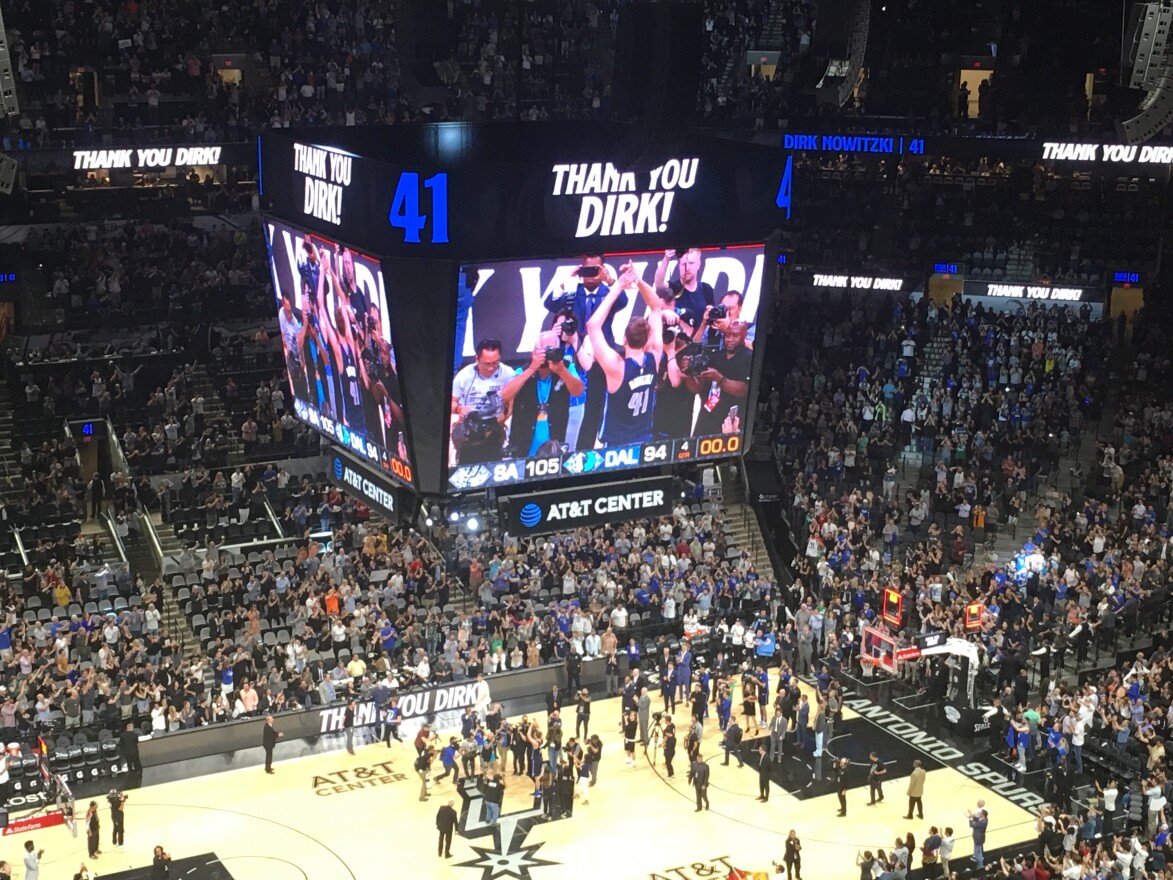 Dirk Nowitzki's final NBA game with the Dallas Mavericks, at the AT&T Center in San Antonio Wednesday.